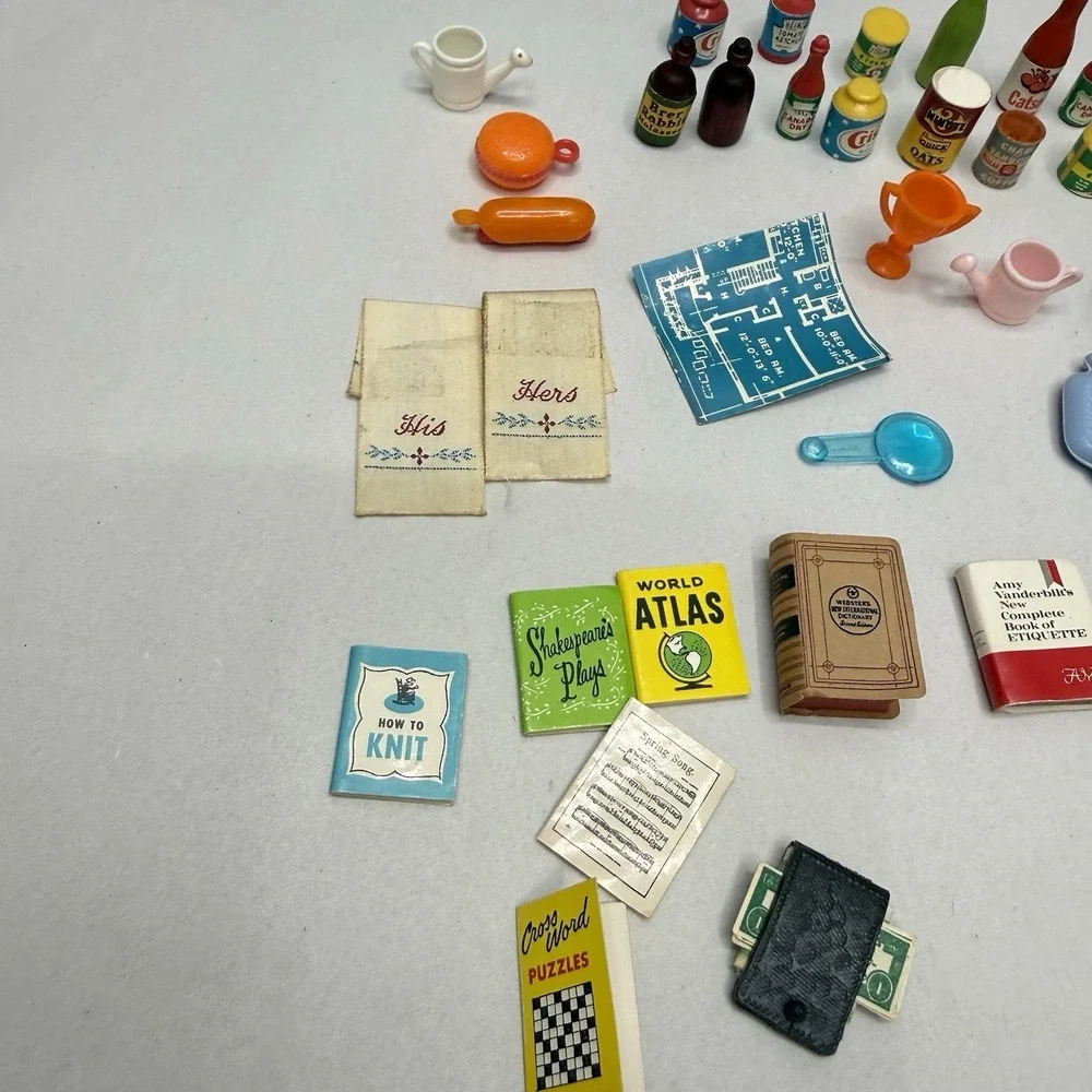 Vintage dollhouse lot miniature‎ kitchen food books his/her towels plates wallet